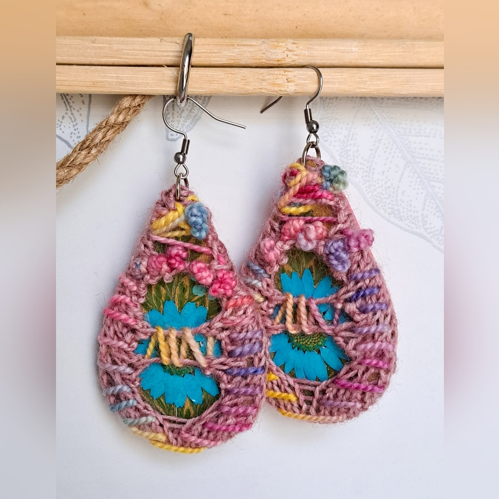 Teardrop Hand Knitted Embroidered Earrings Dry Blue Flowers Pink Multicolor Yarn